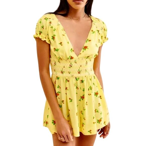 NWT Urban Outfitters Laney Yellow Cottage Floral Smocked Romper Fairy Festival L